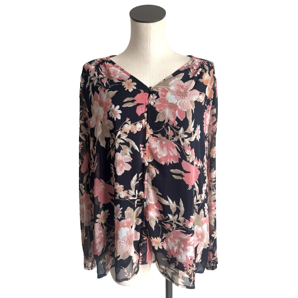 Autres Filles 1X Black & Peach Floral Top V-Neck Long Sleeve Button Smocked